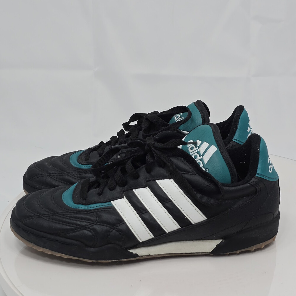 Vintage 90s Adidas Men 6 Indoor Black/Teal Leather Soccer Shoes/Sneakers 1995